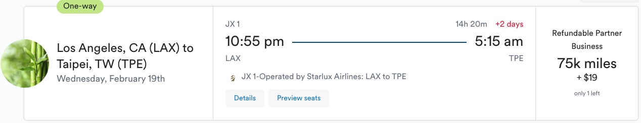 Alaska Airlines Starlux LAX to TPE biz class