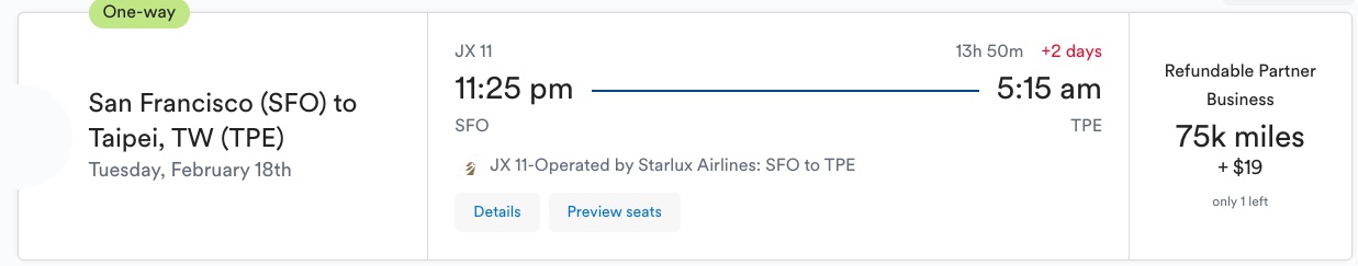 Alaska Airlines Starlux biz class SFO to TPE