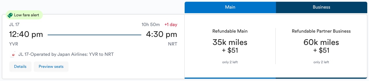 Alaska Airlines YVR to NRT JAL