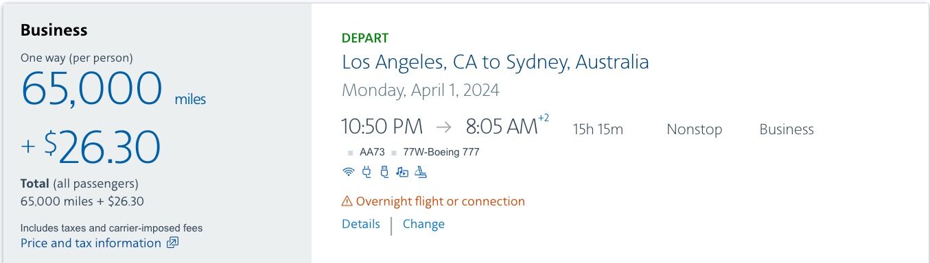 American Airlines Business Class LAX to SYD