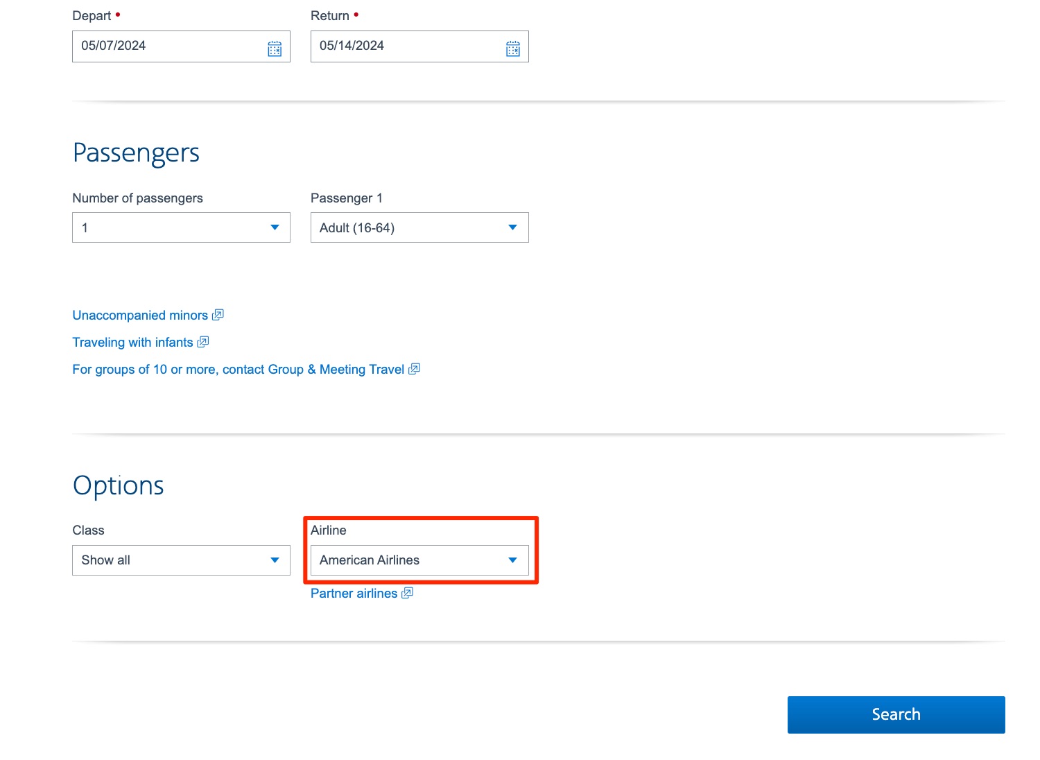 American Airlines advanced award search