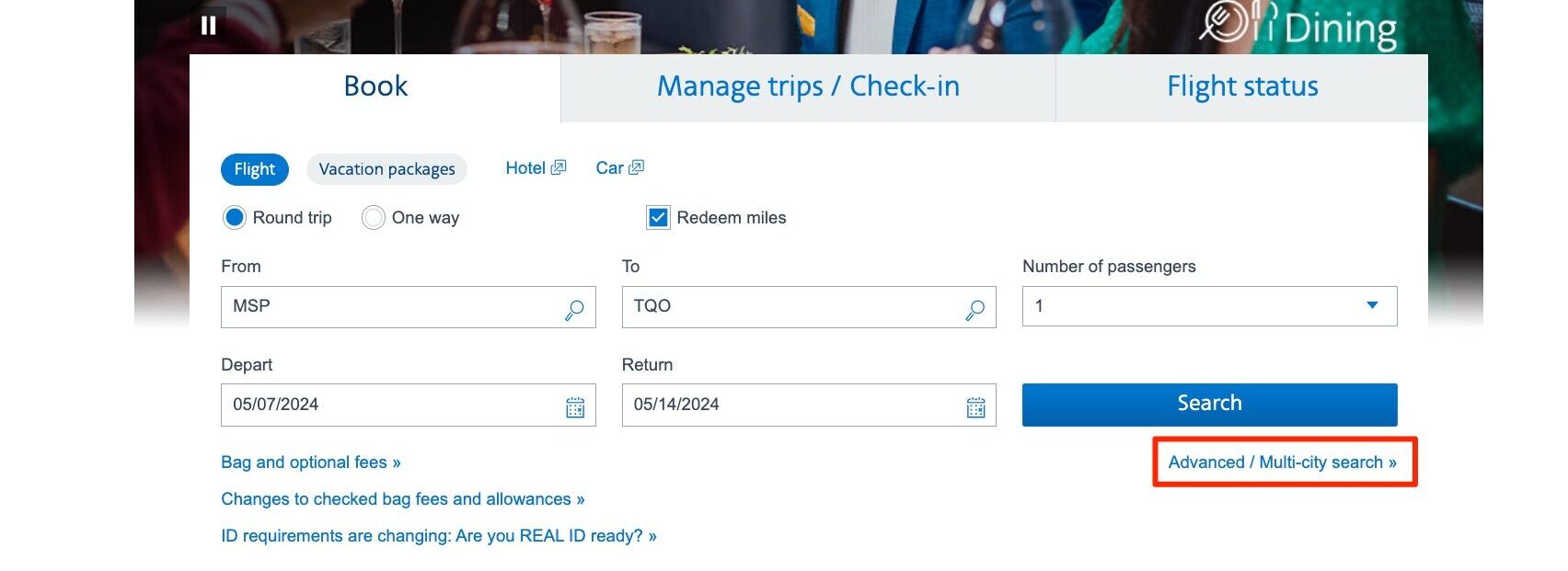 American Airlines advanced search