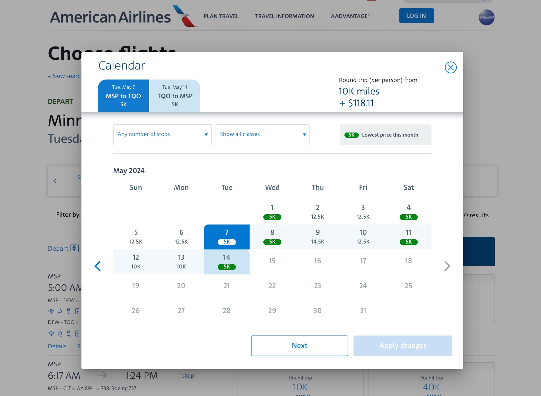 American Airlines award search calendar view