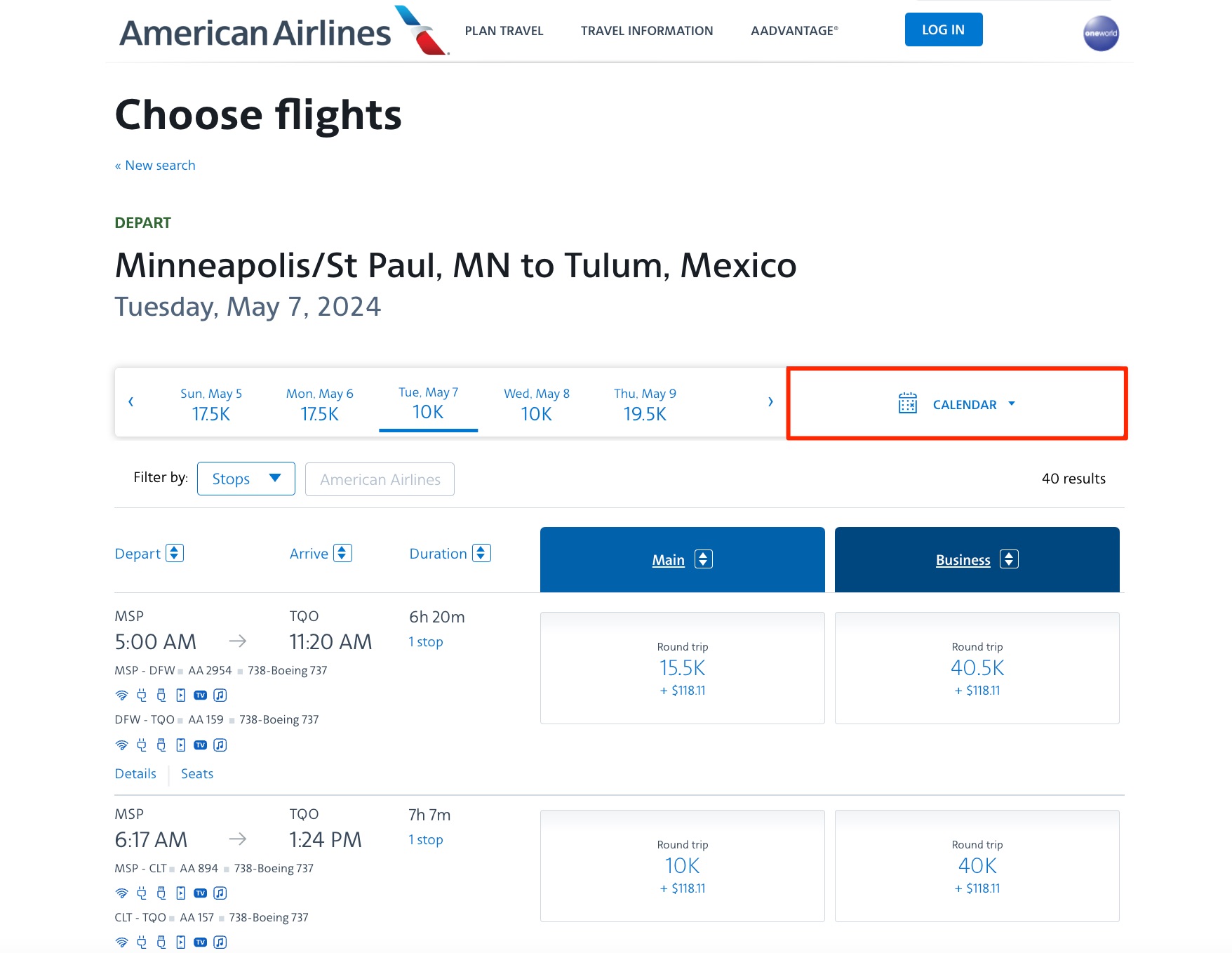 American Airlines award search calendar