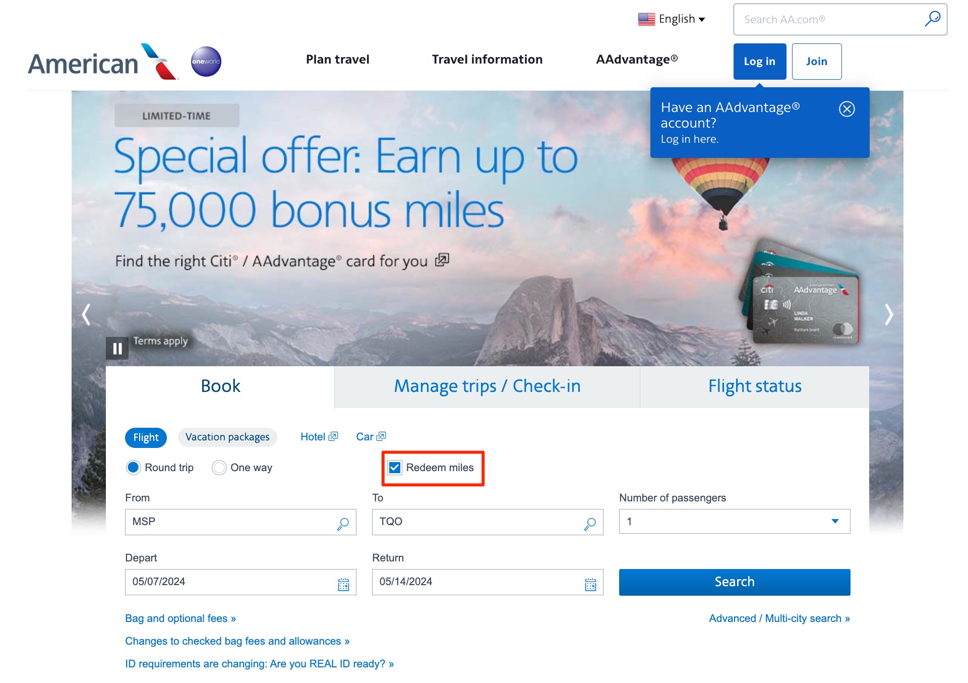 American Airlines award search