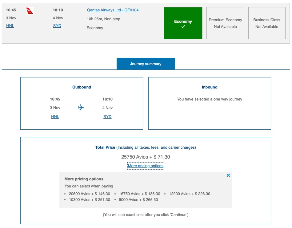 British Airways Qantas HNL to SYD