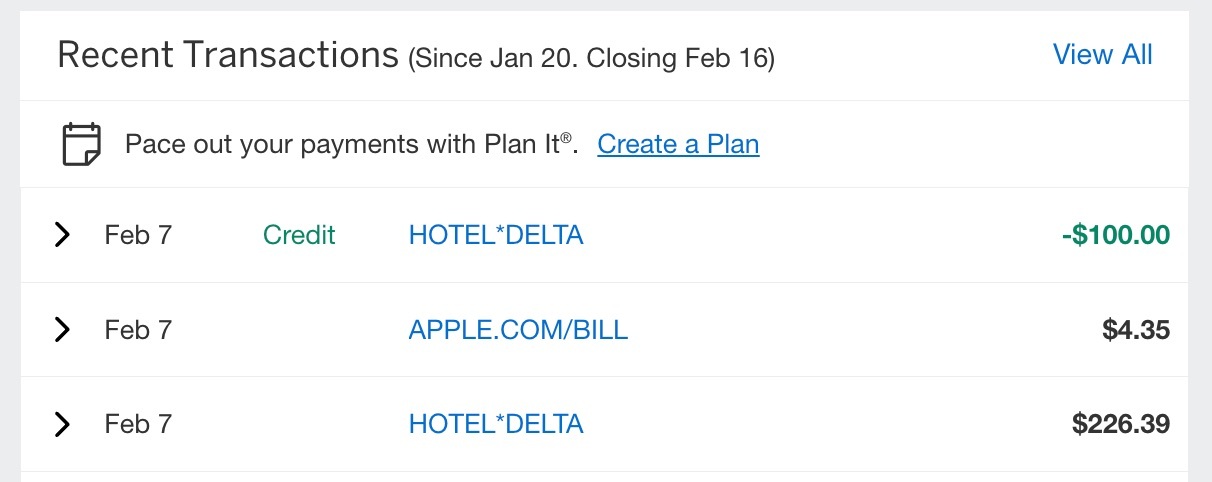 List of transactions showing the Delta Stays hotel credit 