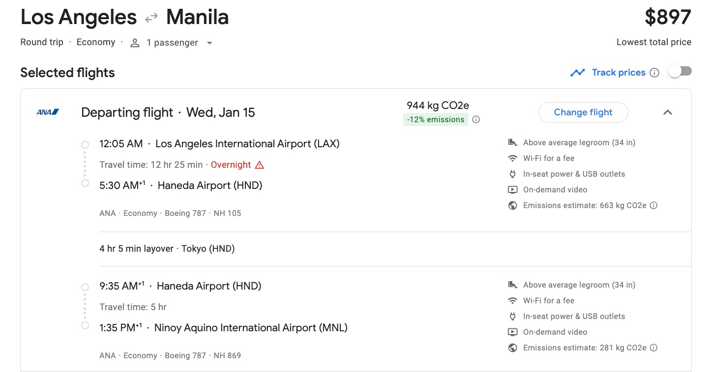 Google Flights search for flights from Los Angeles to Manila 