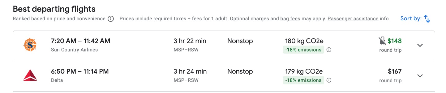 Google Flights search for flights from Minneapolis to Fort Myers 