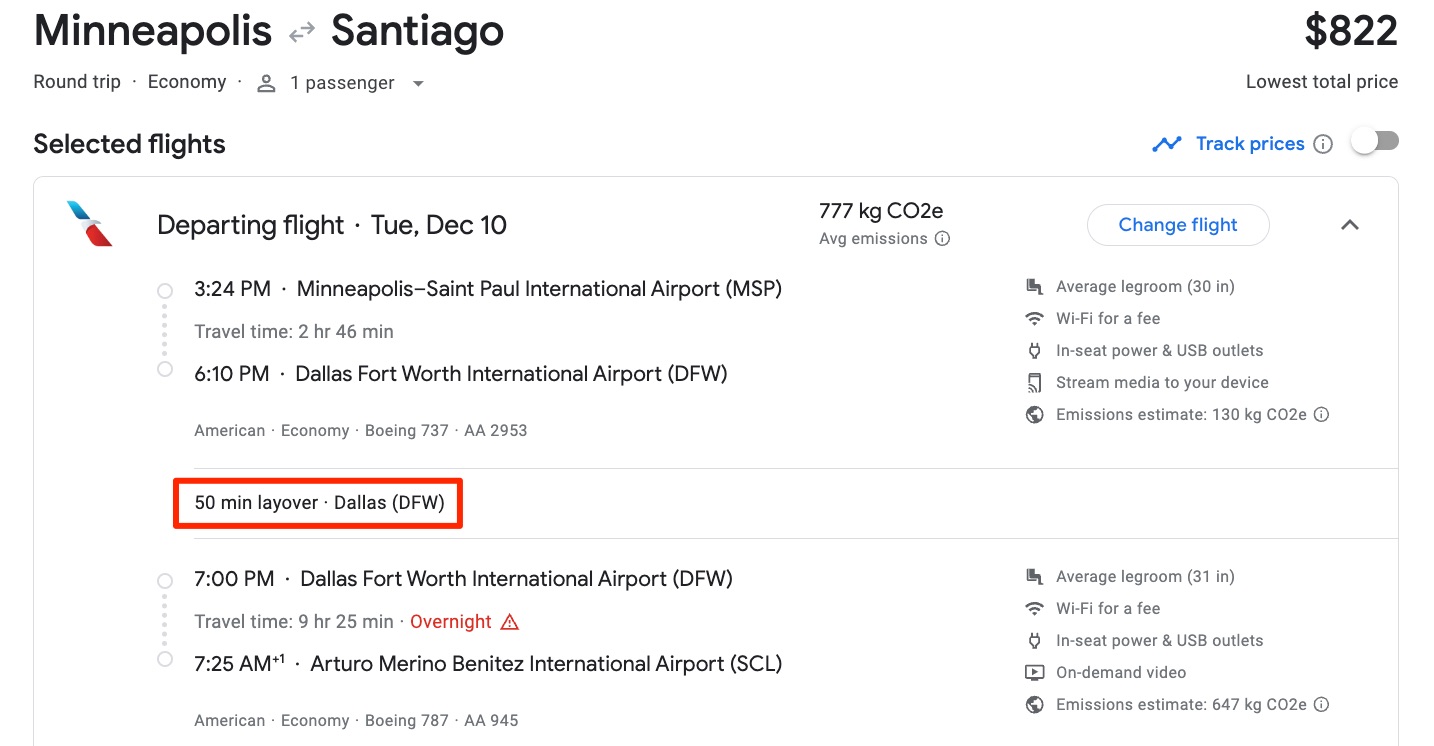 Google Flights search for Minneapolis to Santiago flights
