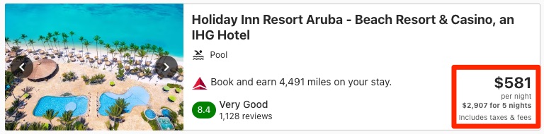 Price for a stay at Holiday Inn Resort Aruba booked through Delta Stays
