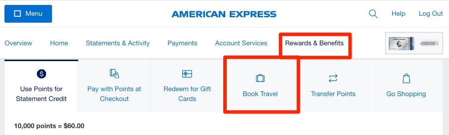 How to access Amex Travel screenshot