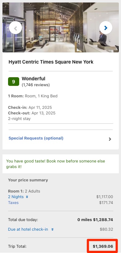 Price for a stay at Hyatt Centric Times Square booked through Delta Stays