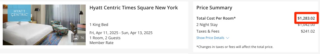 Price for a stay at Hyatt Centric Times Square booked through Hyatt