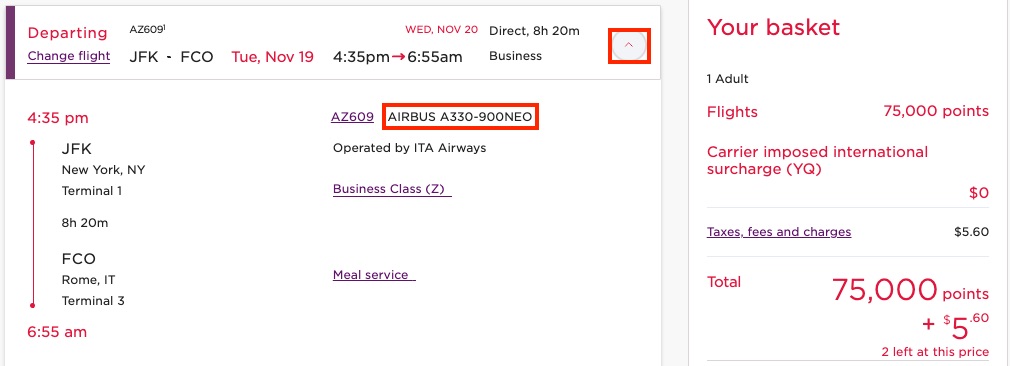 Virgin Atlantic award booking for a one-way ITA Airways business class flight from New York to Rome