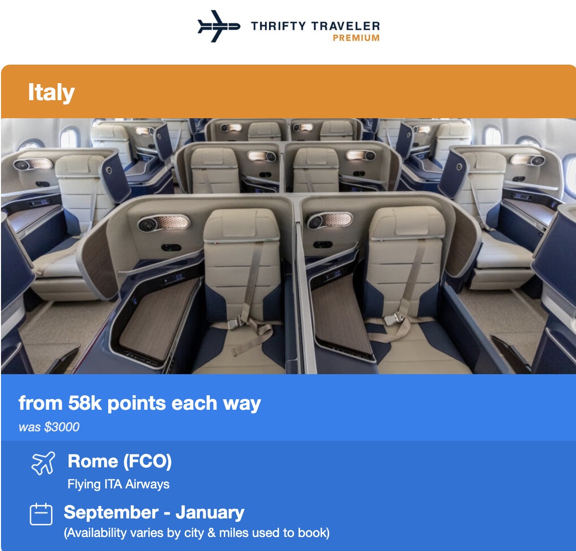 ITA business class award alert for 58k points to rome from thrifty traveler
