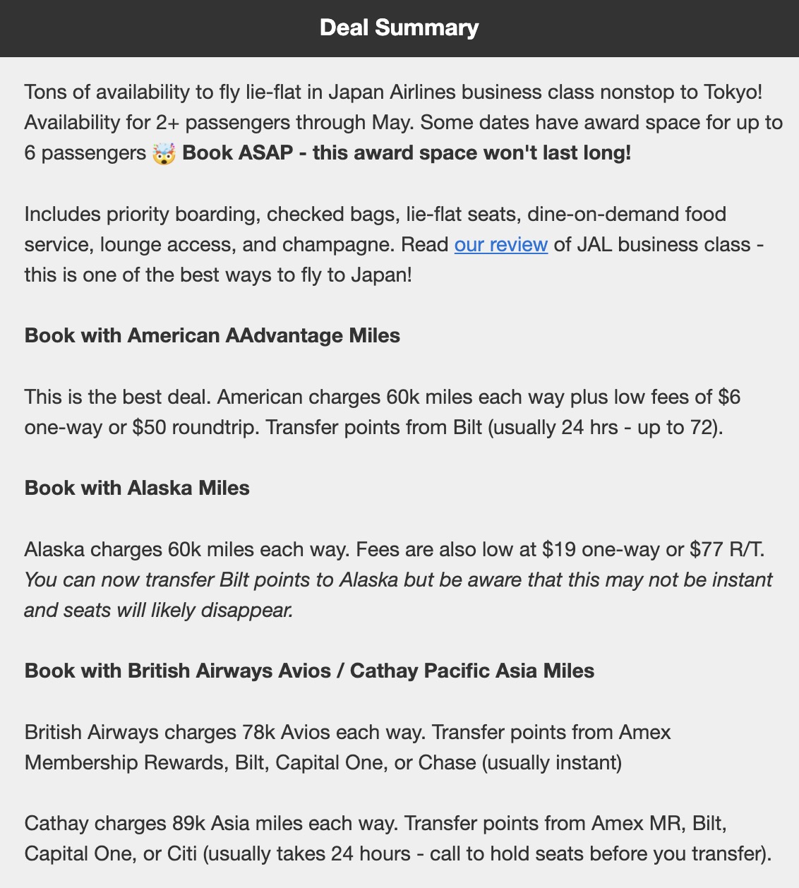 Japan Airlines business class info