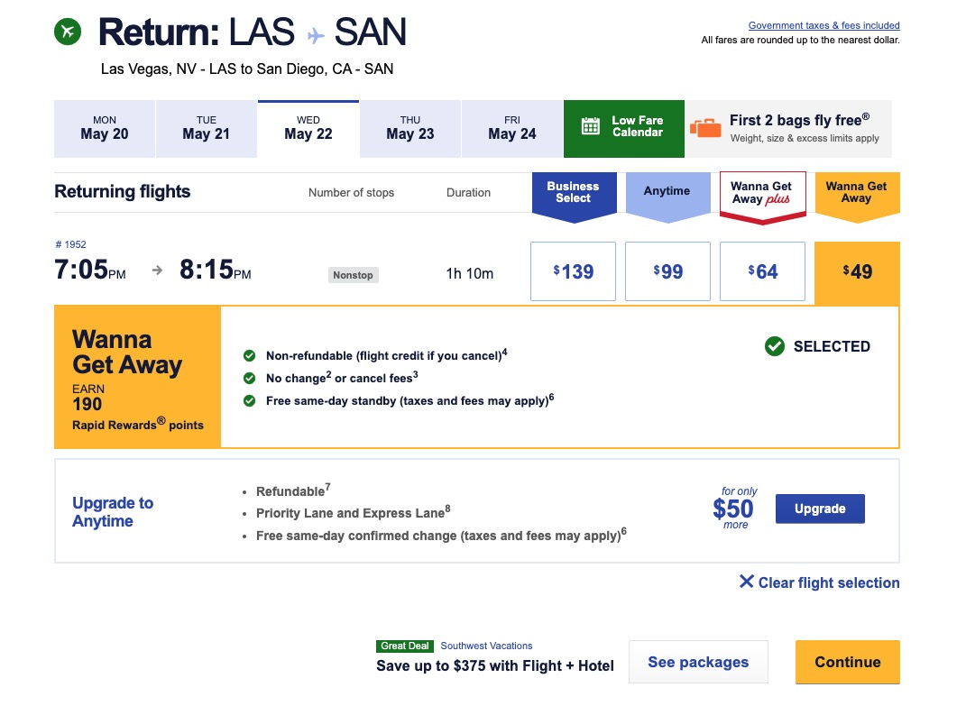 Southwest booking example