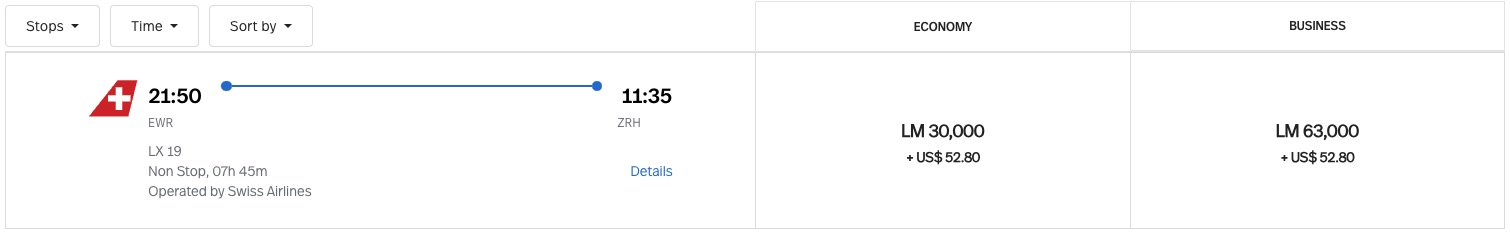 LifeMiles Swiss JFK to ZRH