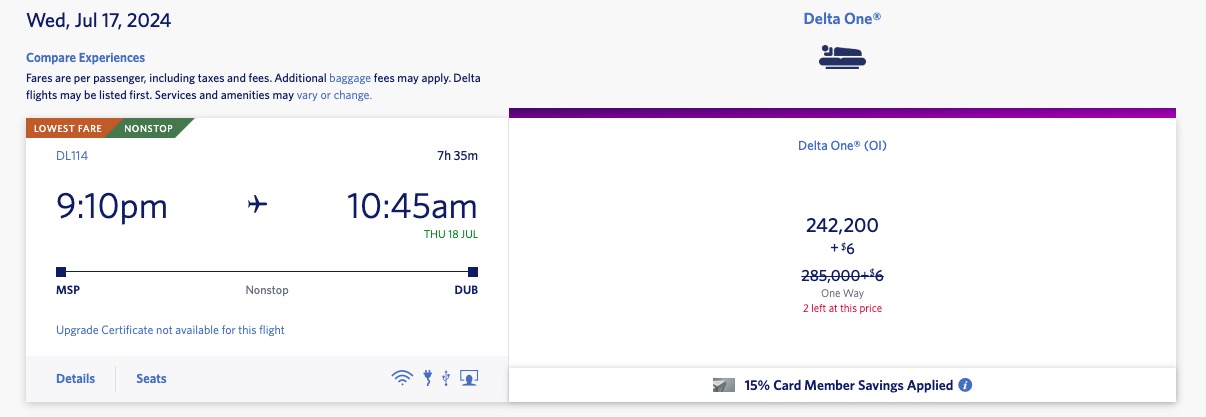 Minneapolis to Dublin SkyMiles rate
