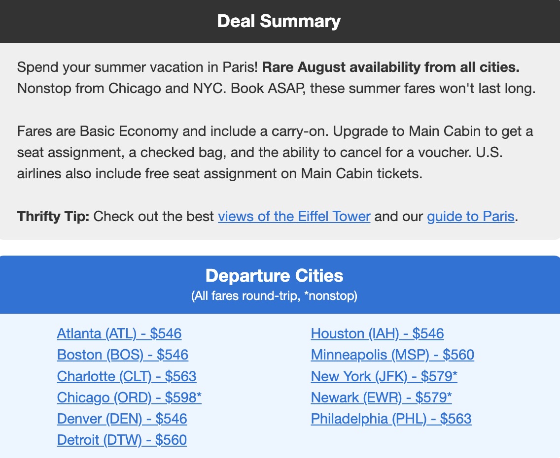 Paris summer flight deal