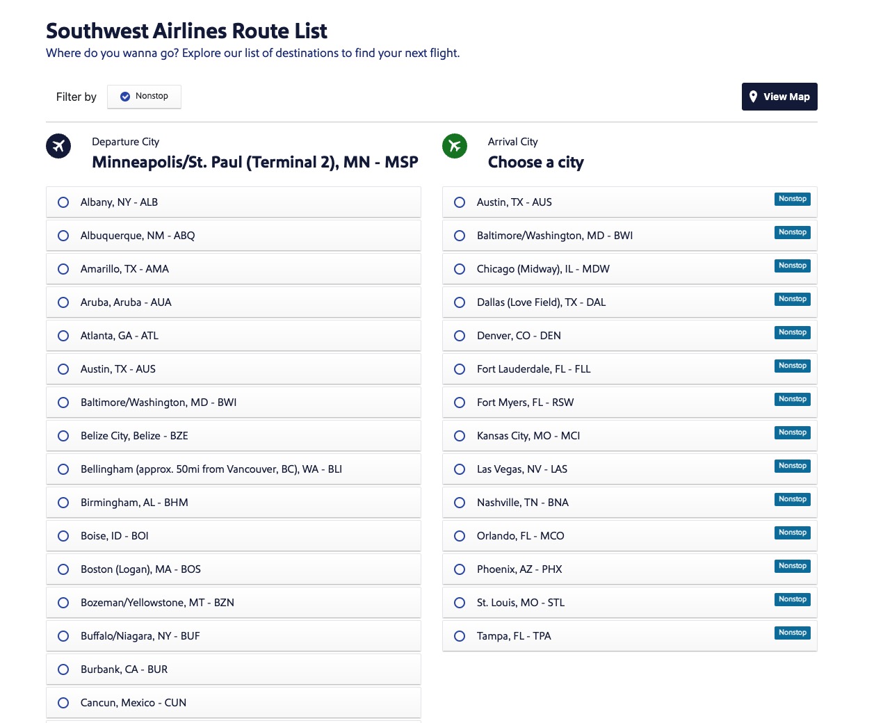 Route list on Southwest