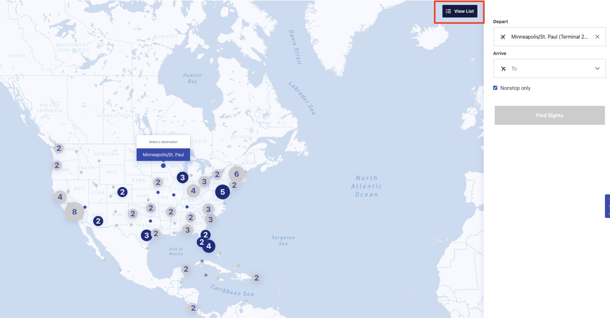 View List on Southwest route map
