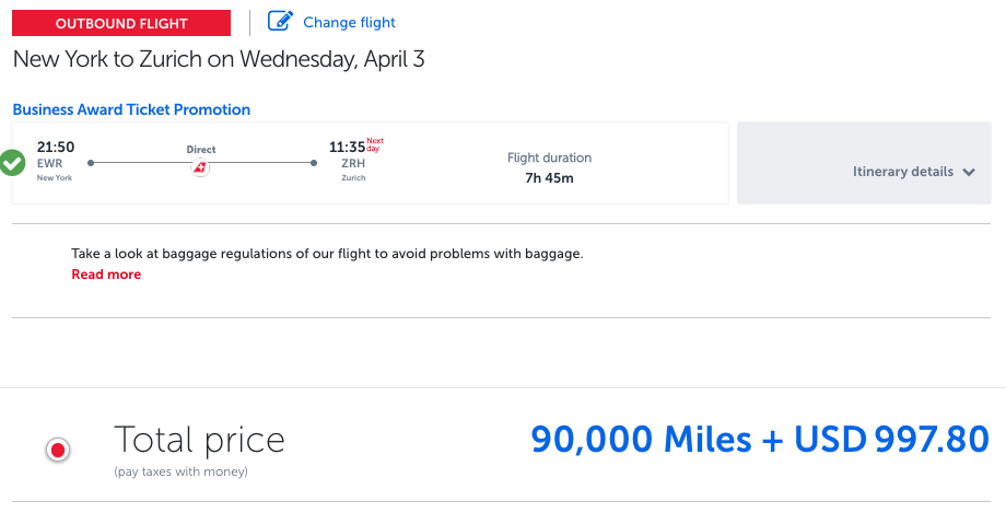 Turkish Swiss EWR to ZRH biz