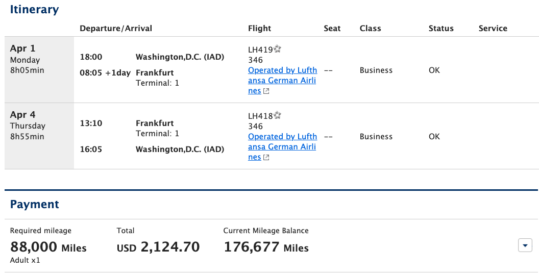 ANA Lufthansa Biz IAD to FRA