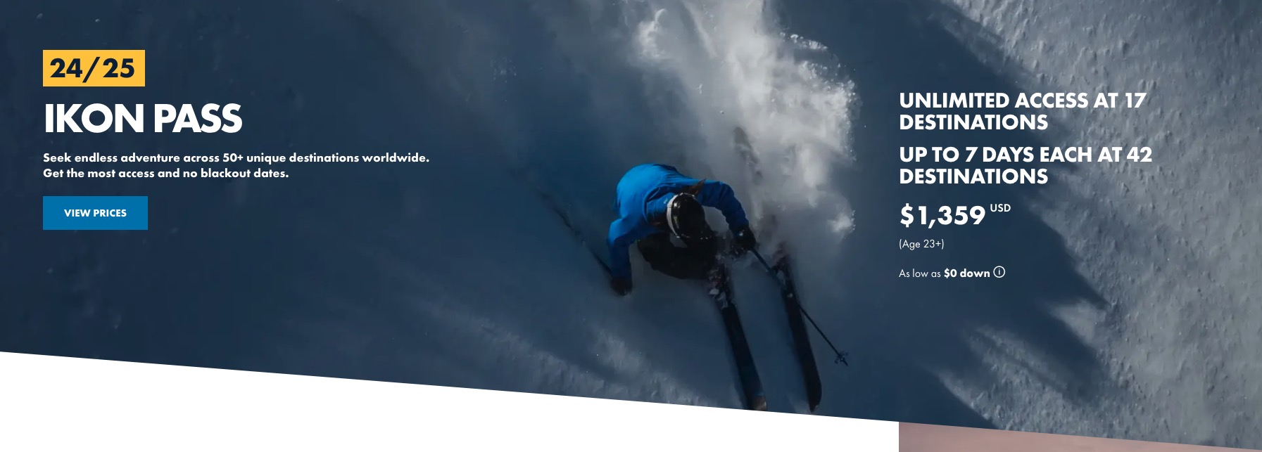 A skier slashes through powder on the header of the Ikon Pass website, which advertises the pass price at $1,359. 