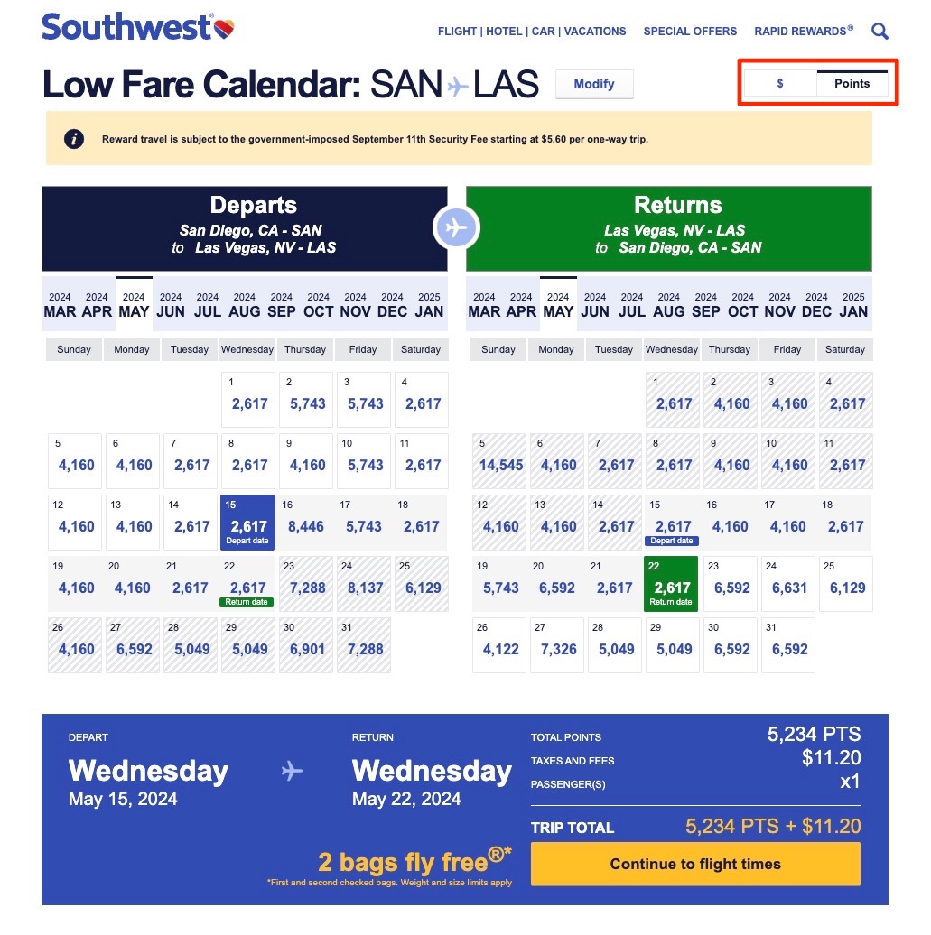 Southwest Low Fare Calendar Rapid Rewards points
