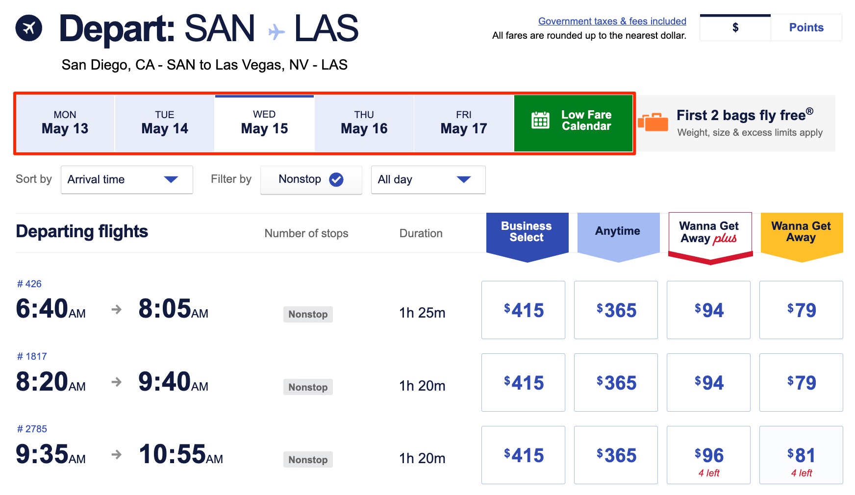 Southwest SAN-LAS flight search