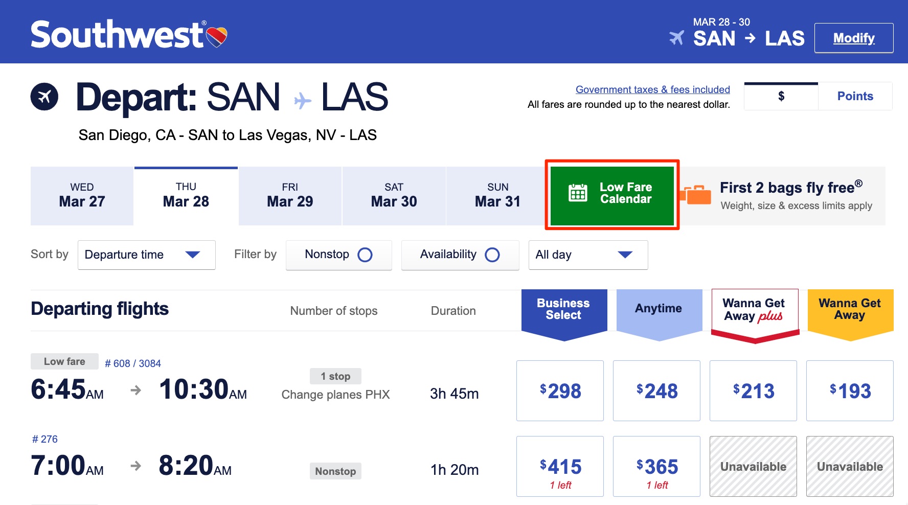 Southwest SAN-LAS low fare calendar search