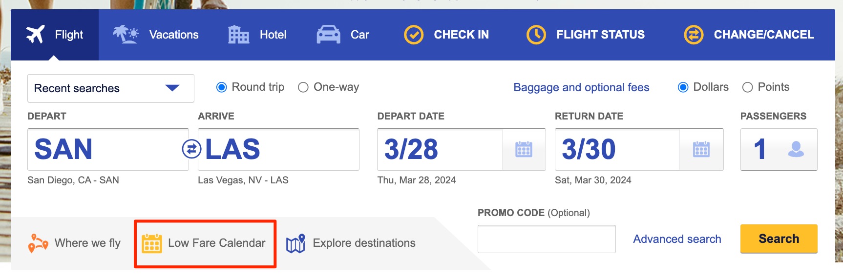 Southwest SAN-LAS low fare calendar