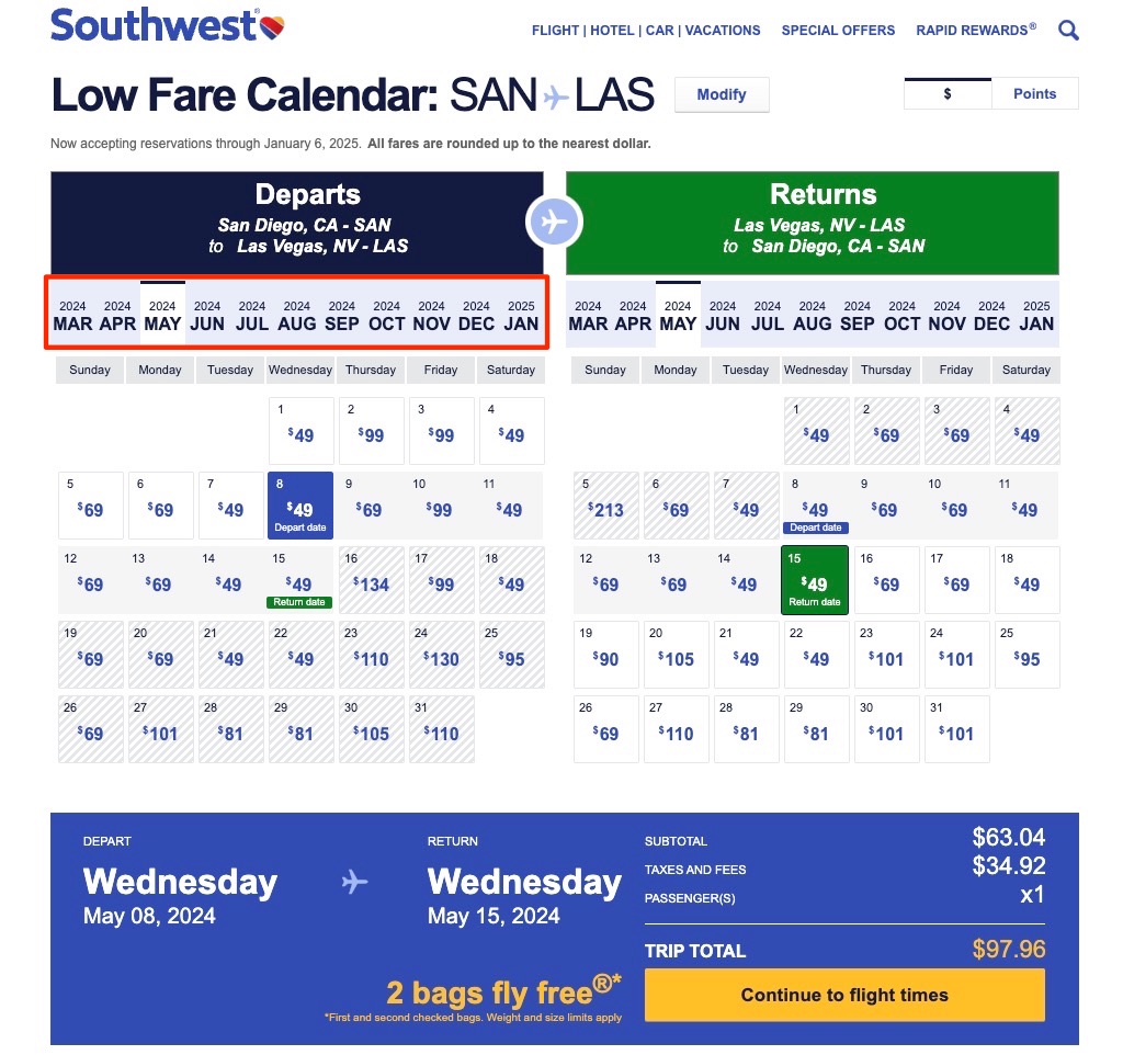 Southwest Low Fare Calendar for San Diego to Las Vegas flights