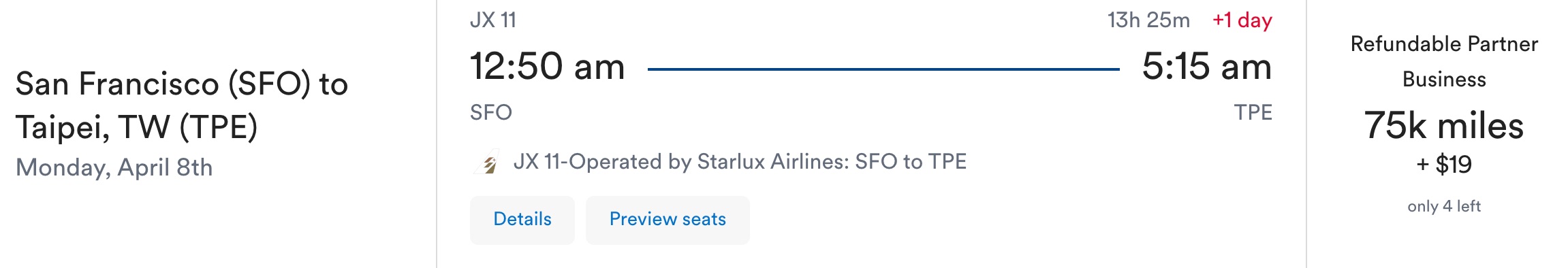 Starlux Biz SFO to TPE