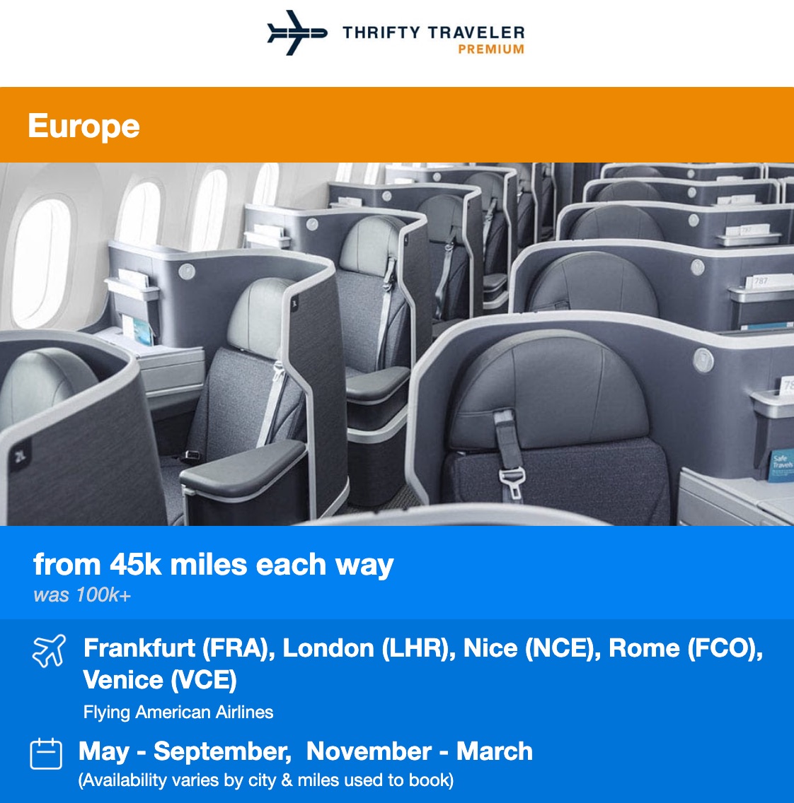 Thrifty Traveler Premium AA biz class Europe flight deal