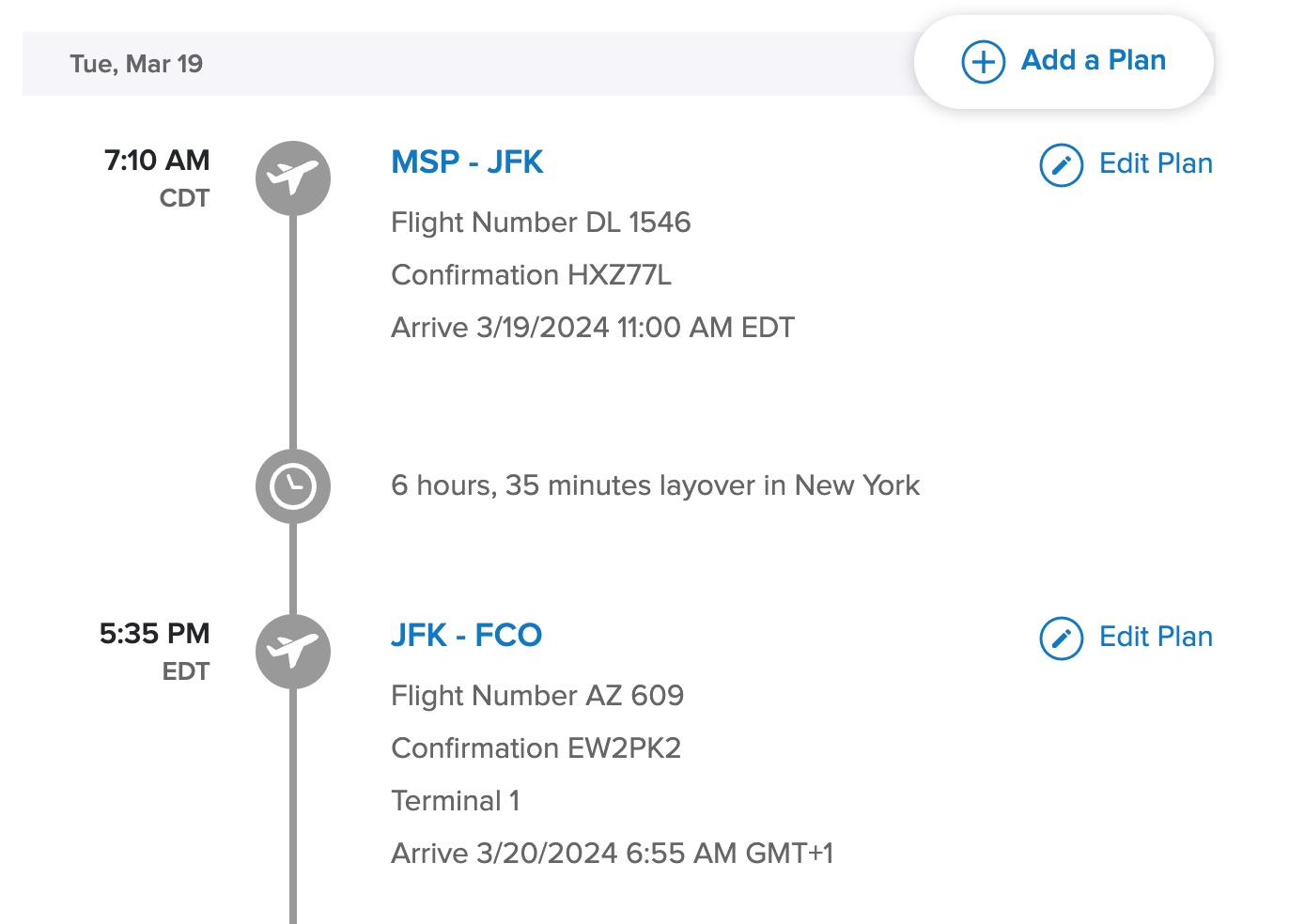 TripIt itinerary for a recent trip to Rome, Italy