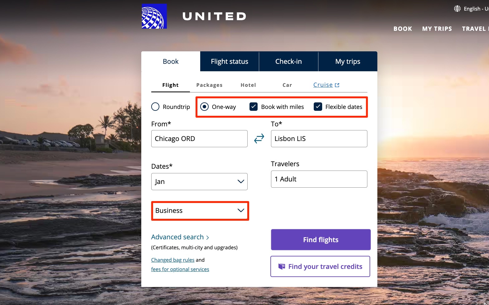 United Airlines search for one-way flights from Chicago to Lisbon in business class booking with miles