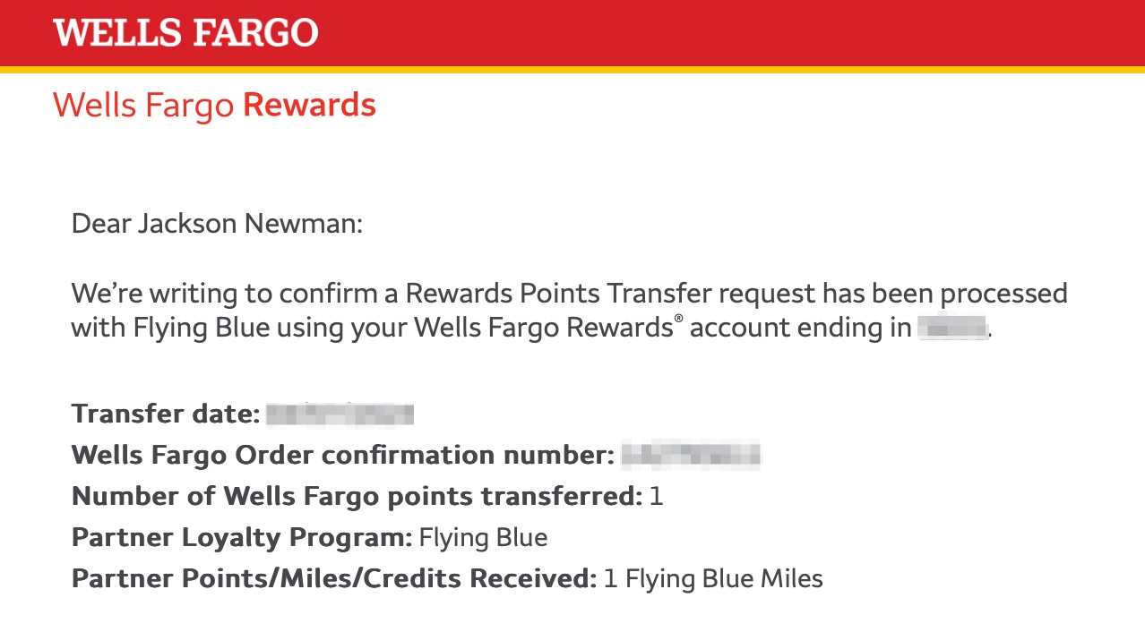 Wells Fargo Point Transfer Confirmation
