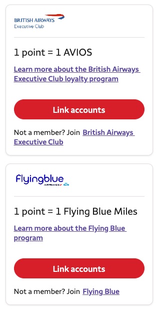 Wells Fargo Rewards transfer options - British Airways and Flying Blue