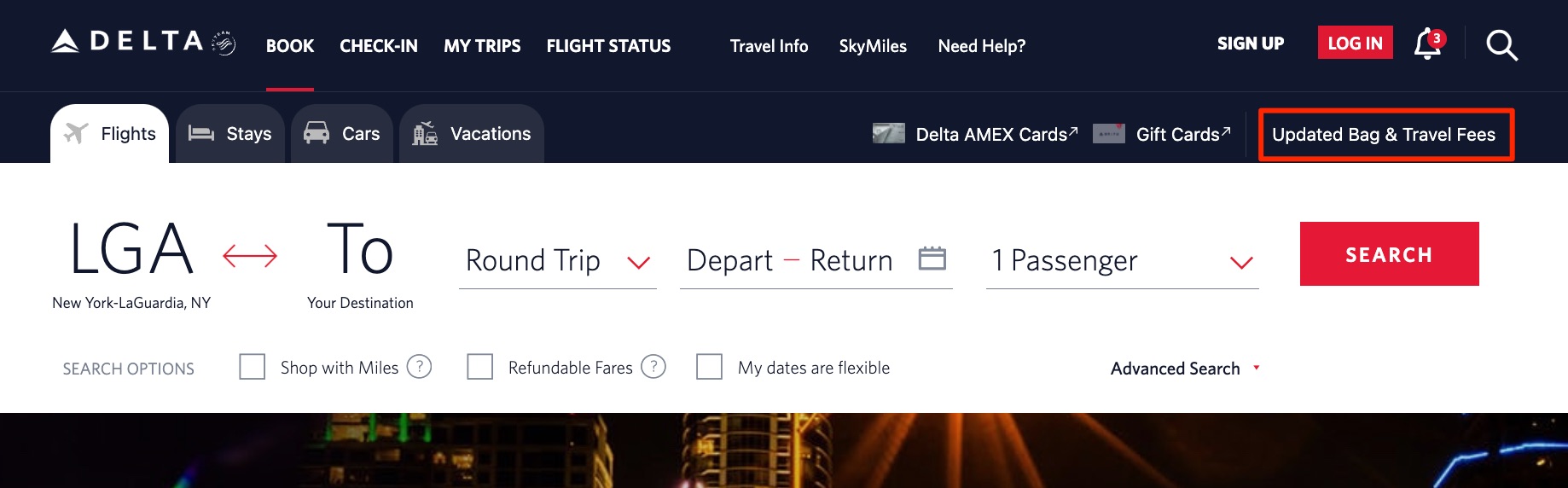 Delta homepage with baggage fee info