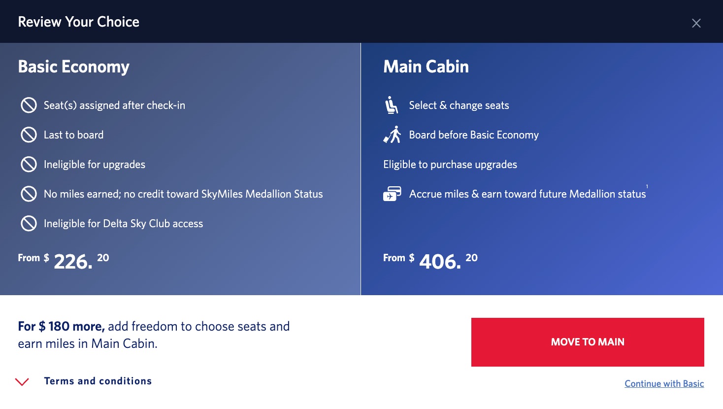delta upcharge for basic to main cabin