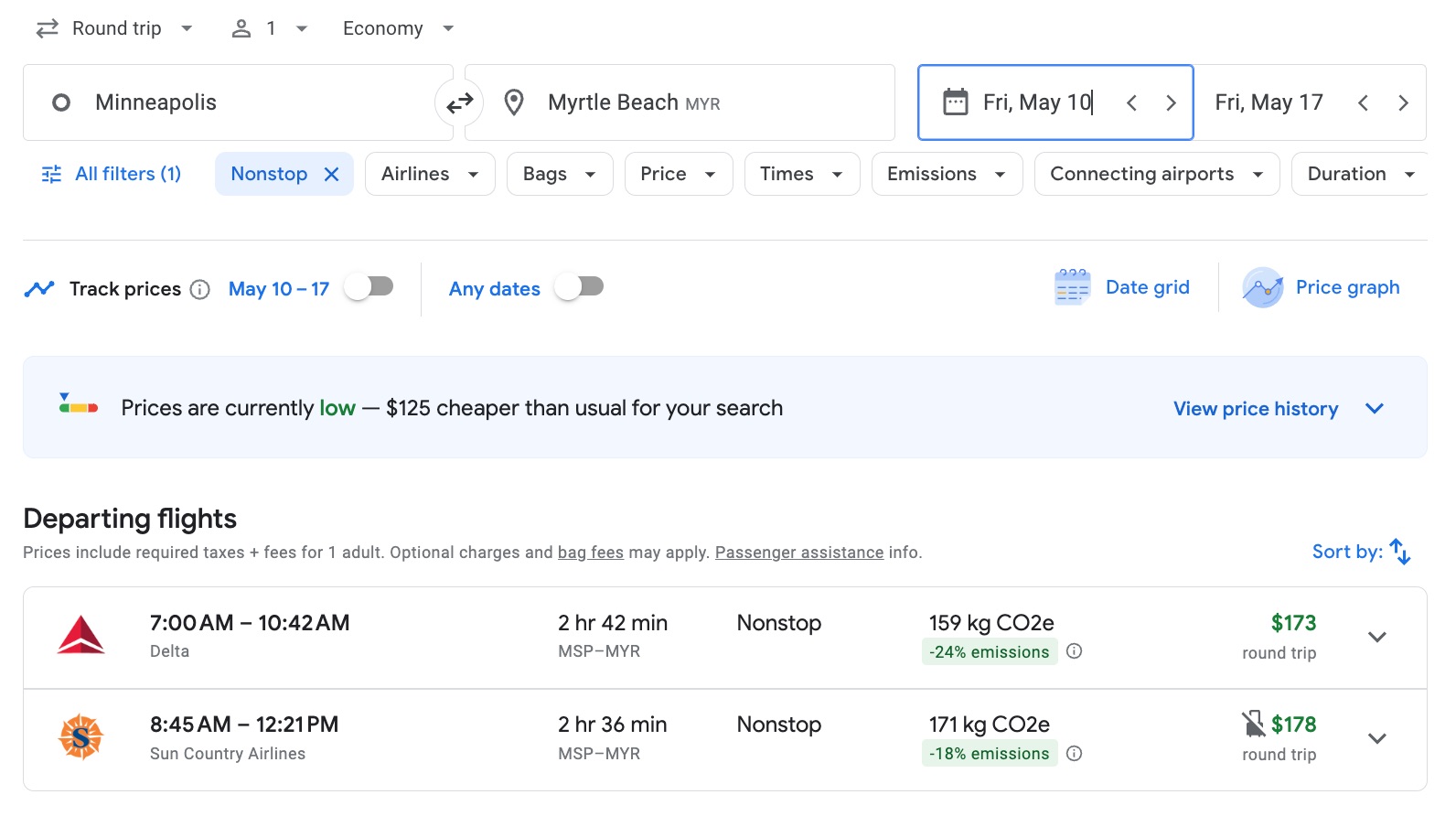 minneapolis to myrtle beach fares