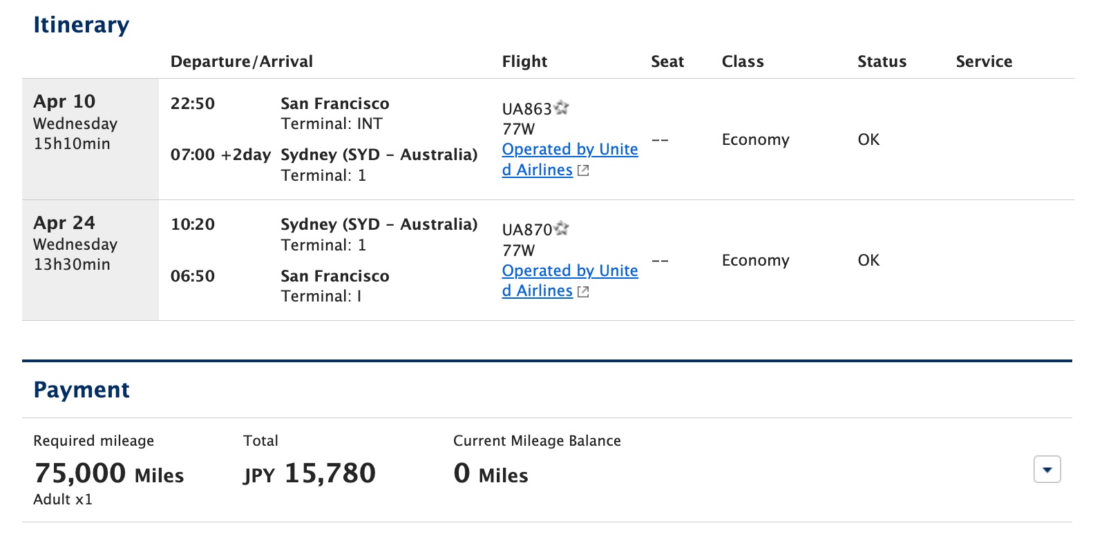 united sfo to sydney with mileage club