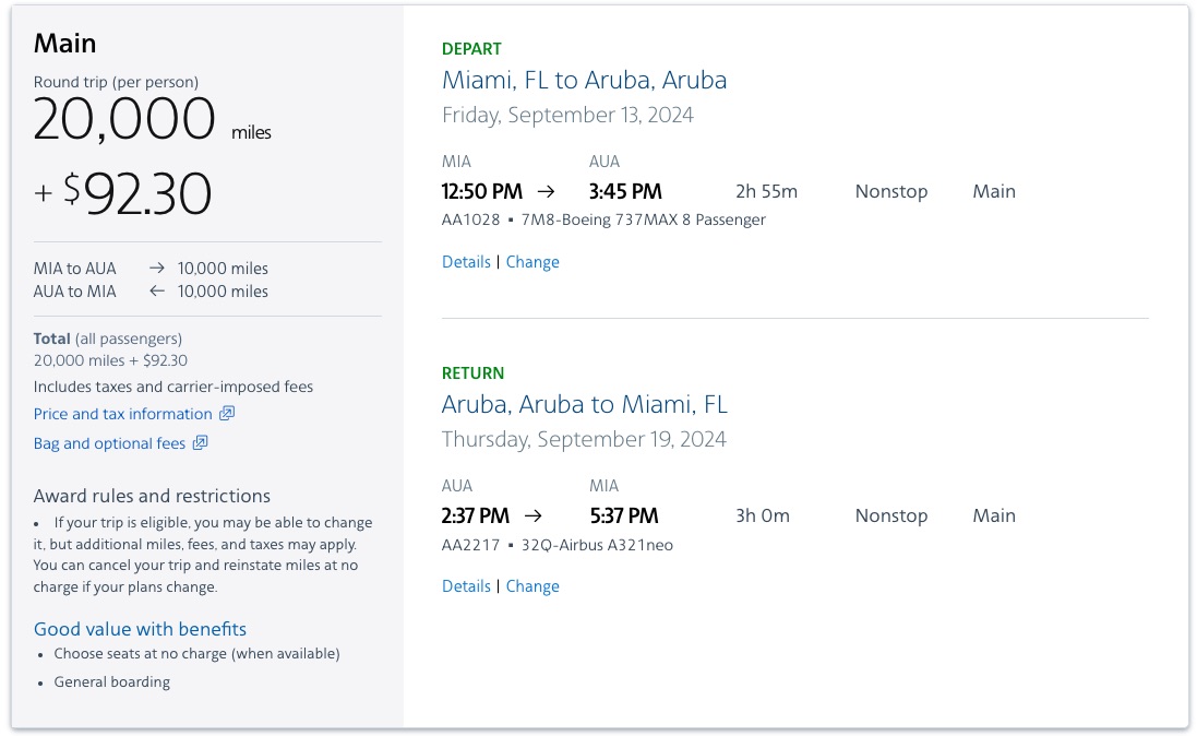 AA Award Booking (MIA-AUA)