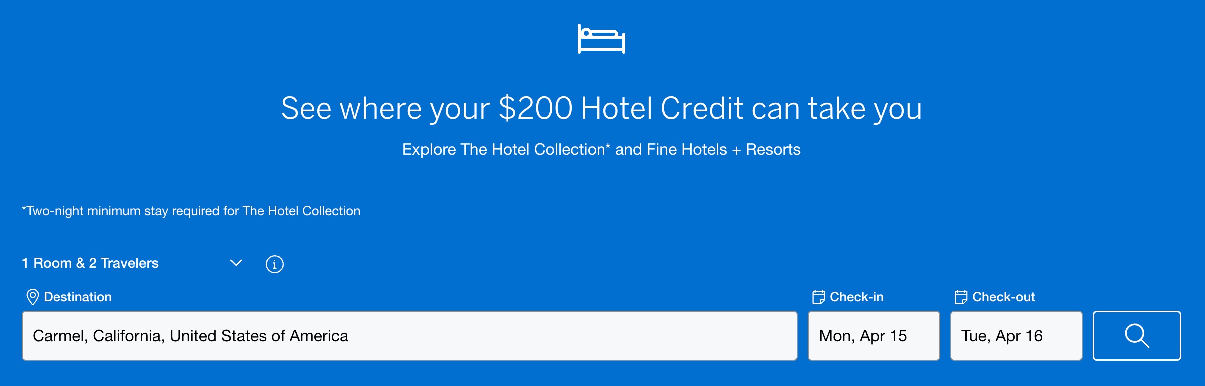 Amex Fine Hotels and Resorts/The Hotel Collection search box with Carmel, CA, as the destination