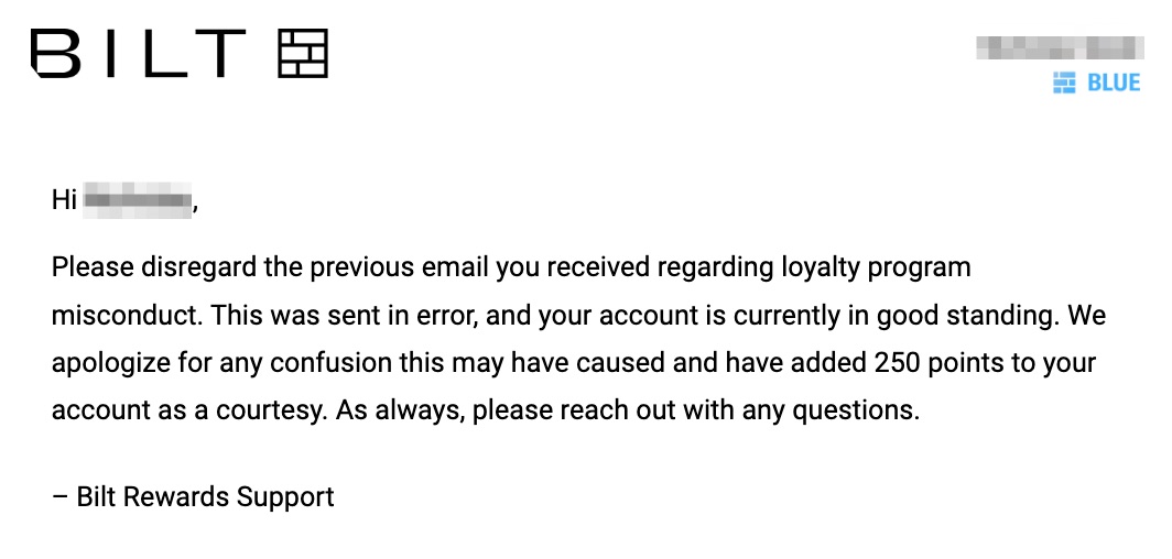 Bilt email correction notice