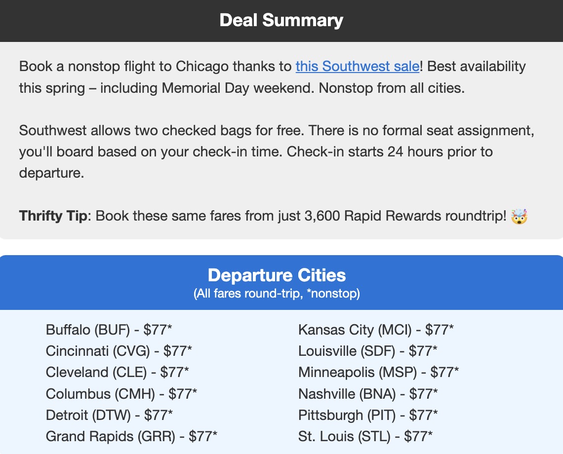 Chicago Southwest flight deal