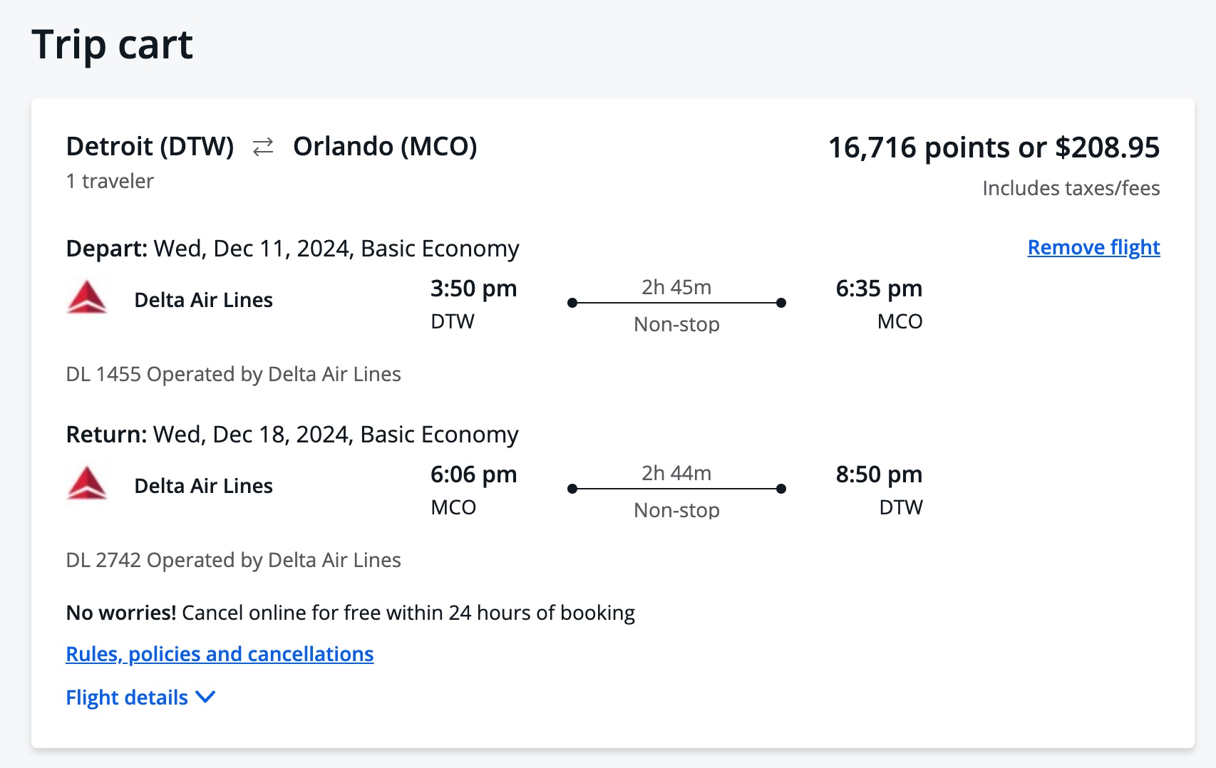 cost of a flight from detroit to orlando using cash or points